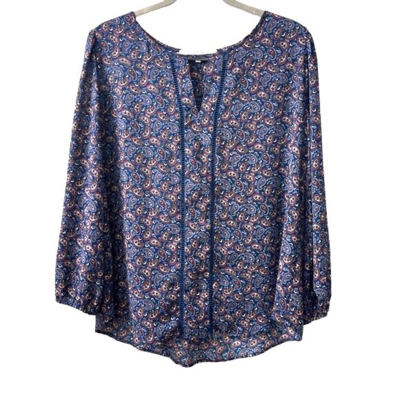 Collective Concepts Blue Paisley Printed Keyhole Blouse 3/4 Sleeve Size Large - Picture 1 of 8